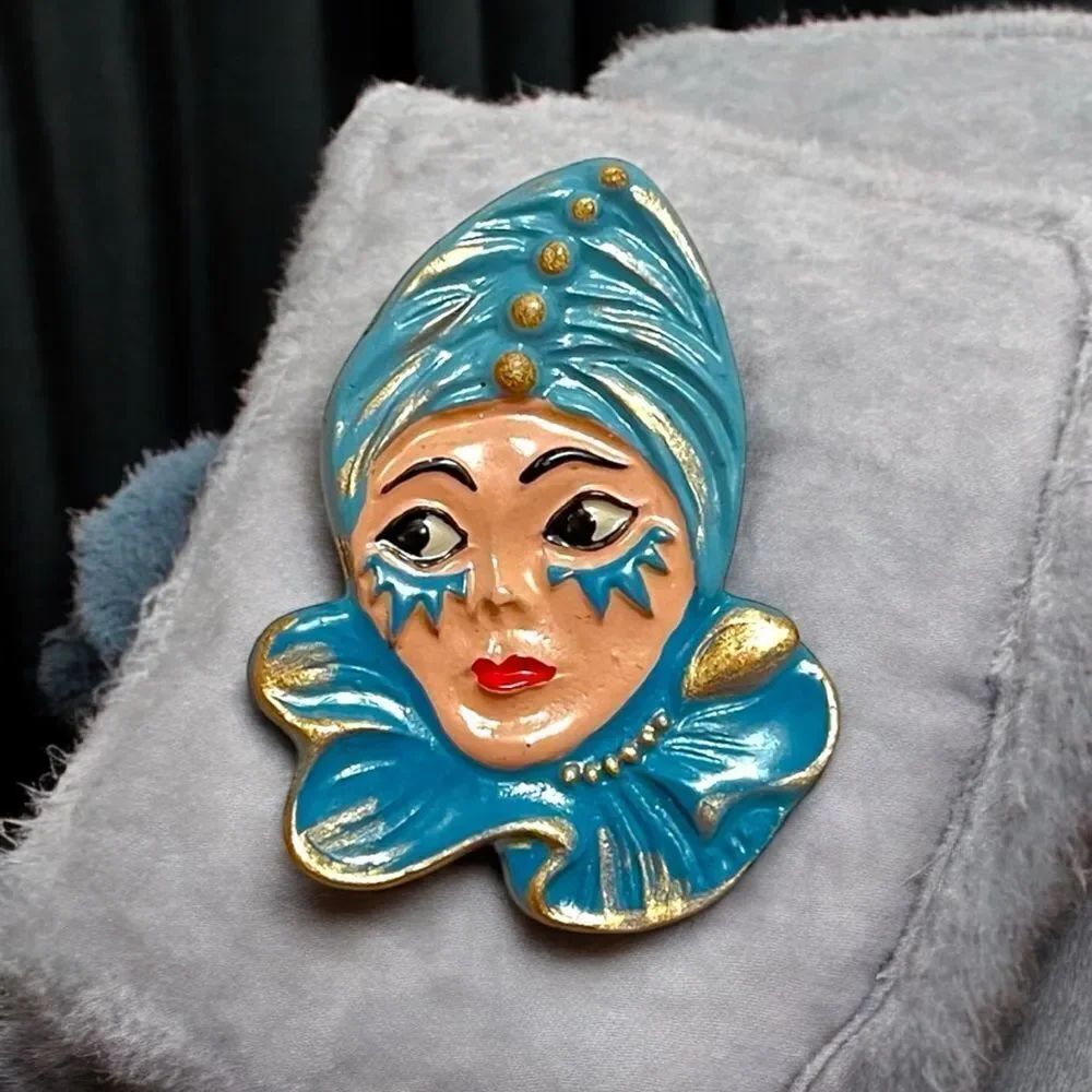 Made In Germany Kuhn Kinn Pewter Carnival Woman’s Face Enamel Brooch